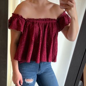 Off the Shoulder Maroon Flowy GARAGE Shirt